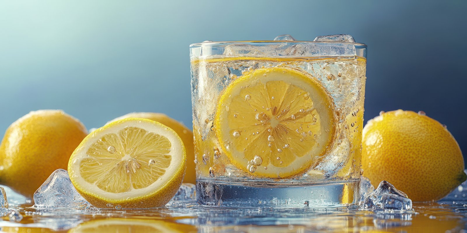 Refreshing cocktail with lemon slices and ice on a bright blue background during summer